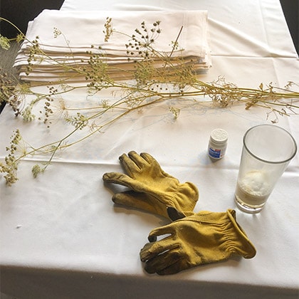 All in a florist days work, branches, gloves and coffee laid out on the table.