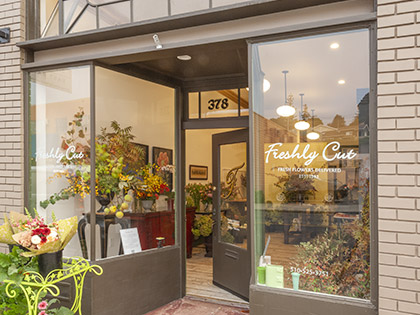 Exterior front view of Freshly Cut florist. Freshly Cut is located at 378 Colusa Avenue, Kensington CA 94707