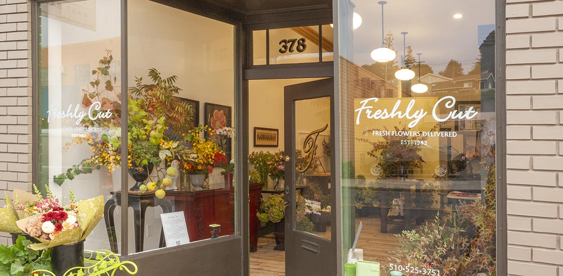 Exterior front view of Freshly Cut florist. Freshly Cut is located at 378 Colusa Avenue, Kensington CA 94707