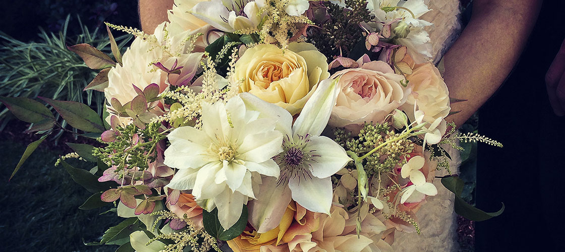 Hand-tied wedding bouquet captured a late August vibe featuring two shades of David Austin roses, cream color Astilbe, lovely white clematis, a few antique hydrangeas, Café au Lait dahlias and nandina foliage.